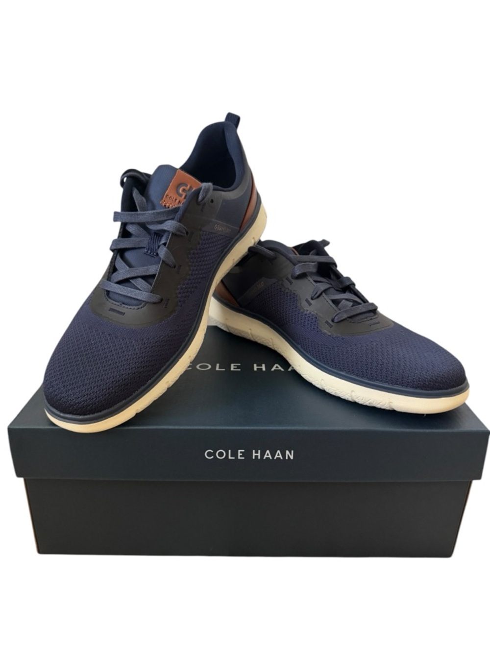 Cole Haan Men's Navy Knit Sneakers with Brown Accent and Cream Sole